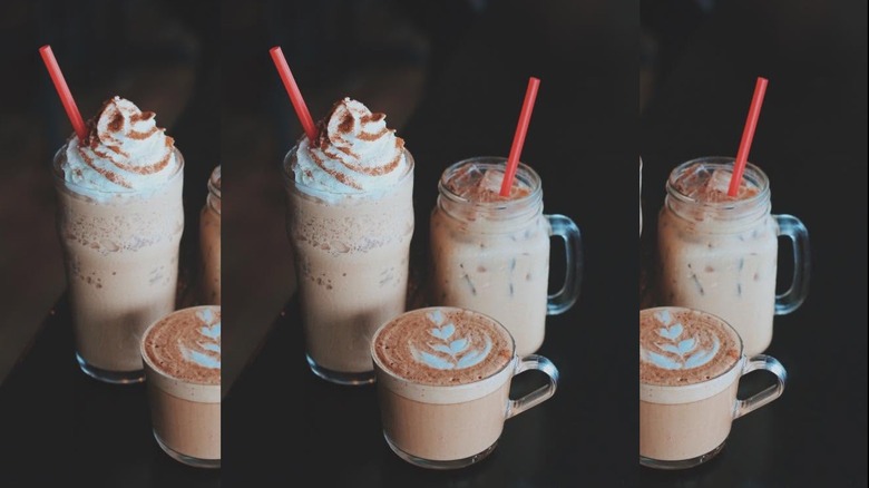 Pumpkin spice lattes in glass cups, from Colados Coffee & Crepes