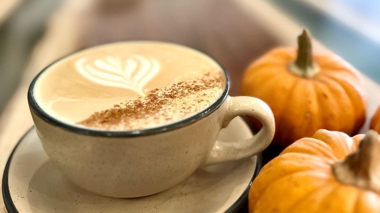 Pumpkin spice latte topped with nutmeg in mug alongside two decorative pumpkins