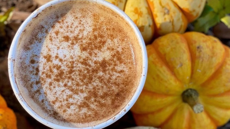 Top view of pumpkin spice latte dusted with spices, set amongst pumpkins