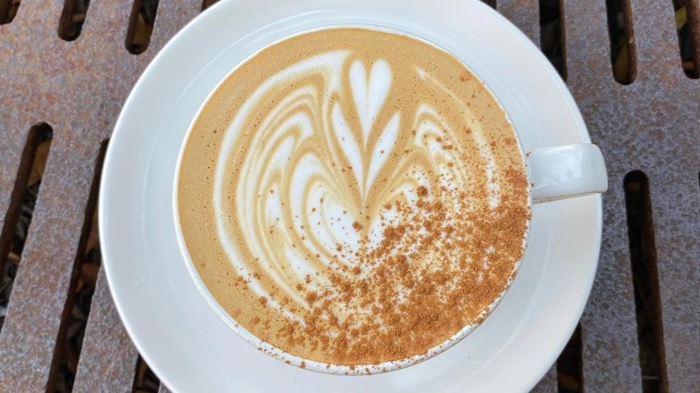 Overhead shot of pumpkin spice latte dusted with cinnamon