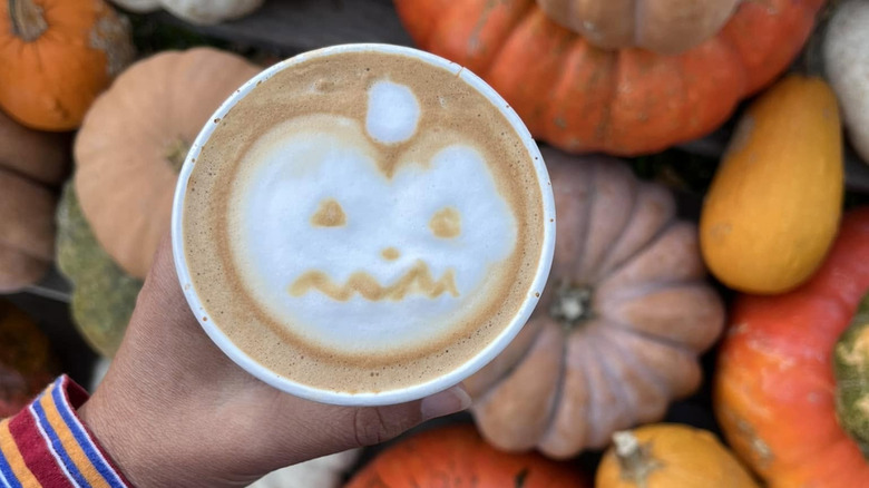 Hand holding pumpkin spice latte with pumpkin latte art over many pumpkins