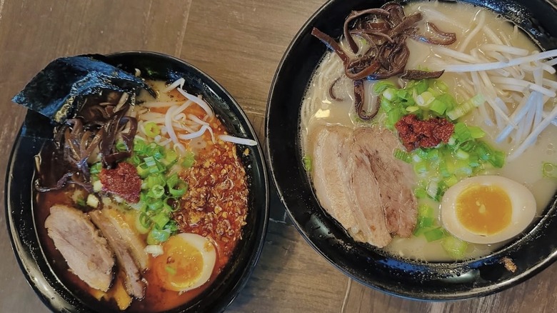 Ramen bowls with pork, egg, and green onions