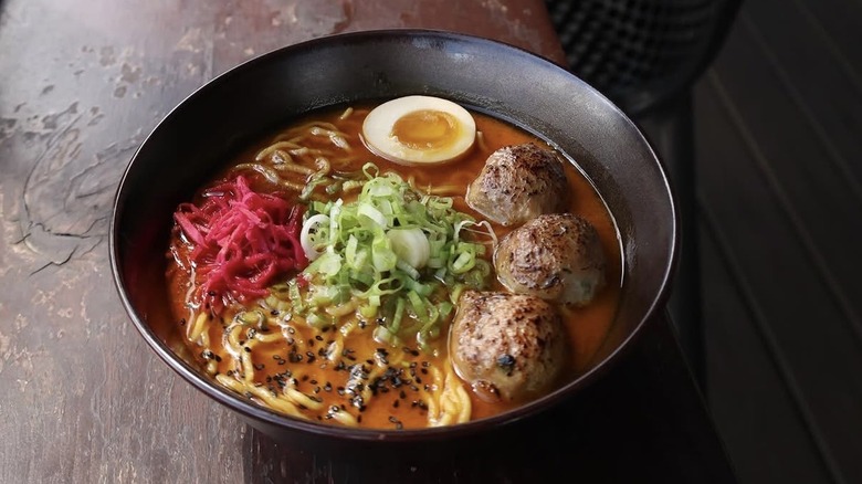 Ramen with chicken broth, curry spice, and chicken meatballs