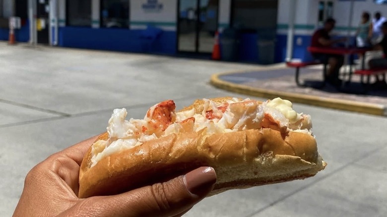 Lobster roll on patio at Bar Harbor Seafood