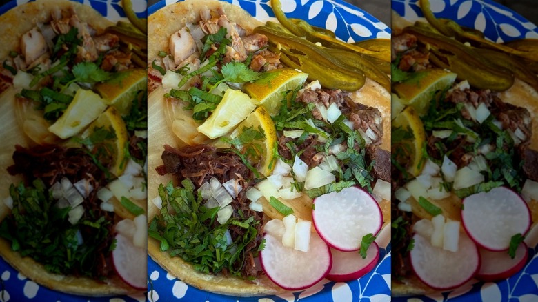 Large soft taco with lemon wedges, peppers, cilantro, radish on blue plate