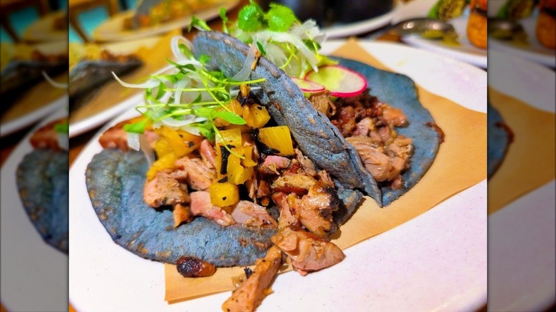 Two colorful tacos on blue corn tortillas