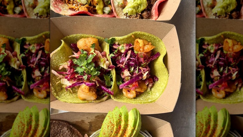 A variety of delicious kinds of tacos with avocado