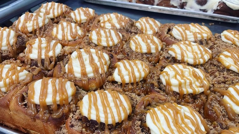 Large tray of salted caramel apple pie cinnamon rolls