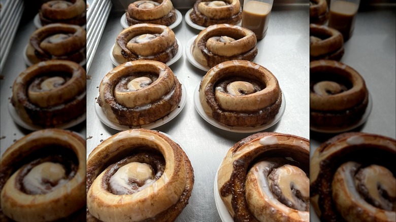Eight lightly glazed cinnamon rolls on bakery countertop