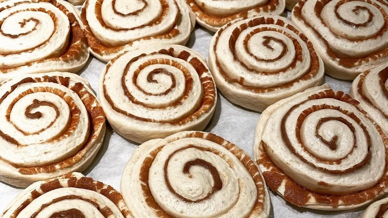 Tray of cinnamon rolls before baking
