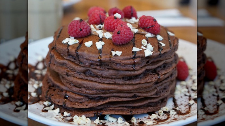 Stack of White Chocolate Raspberry Mocha Pancakes at Wildberry Cafe