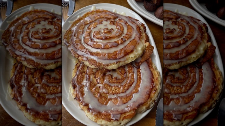 Cinnamon Bun pancakes on white plate at The Bayou Kitchen