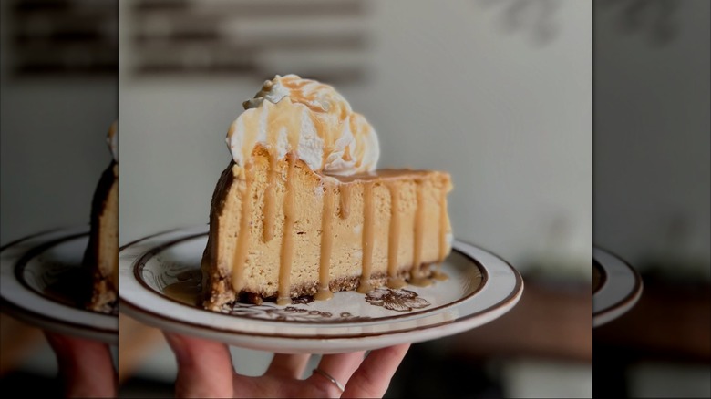 Hand holding plate with slice of pumpkin cheesecake topped with whipped cream