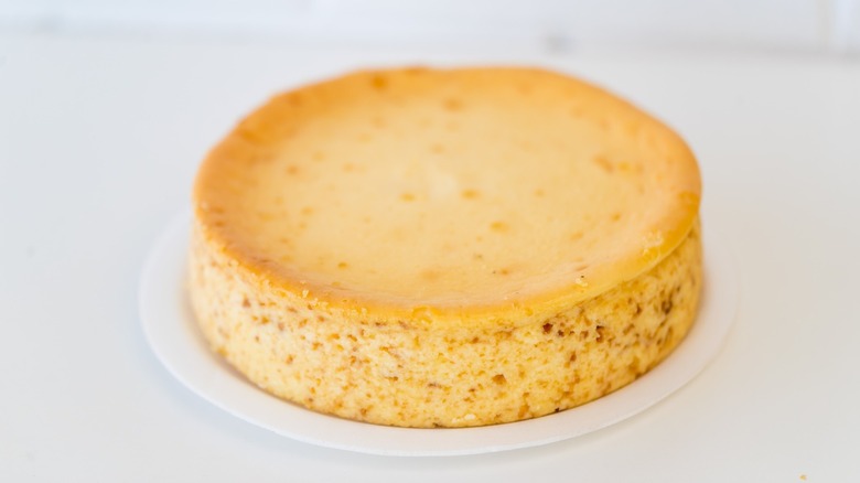 Golden cheesecake on bright white surface