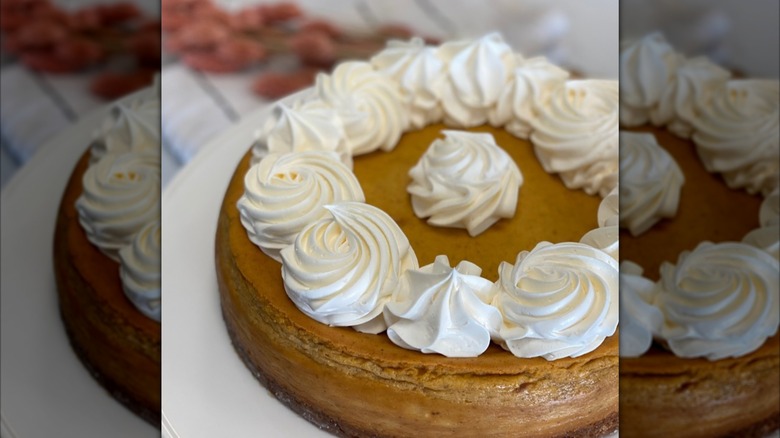 Pumpkin cheesecake with dollops of whipped cream on white plate