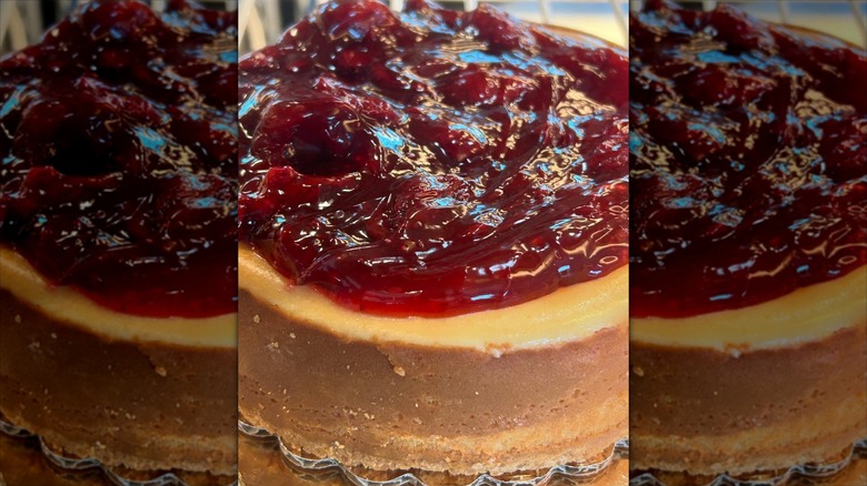 Close-up of red berry cheesecake