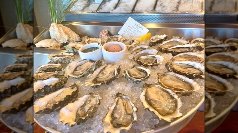 Tray of ice and oysters on top