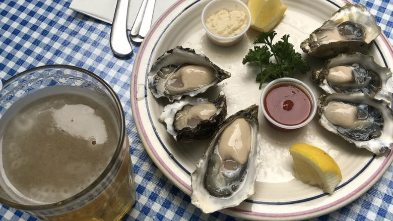 Plate of raw oysters on a blue checkered table