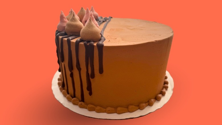 Whole mocha berry dream cake on plate with chocolate drizzle and peaks of frosting