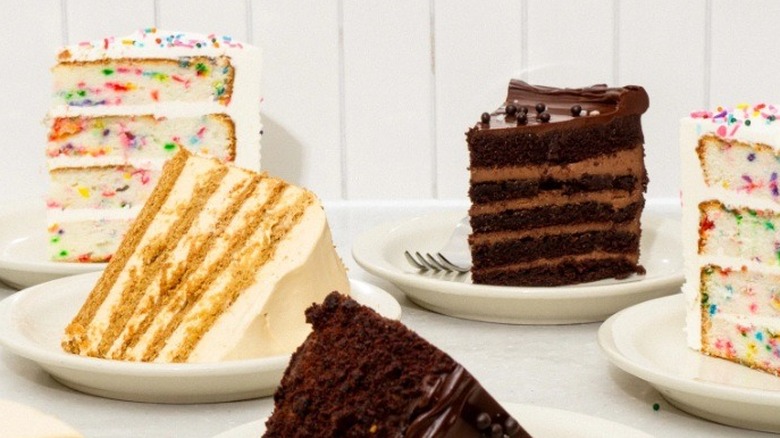 Various slices of cake, including chocolate and confetti, on plates