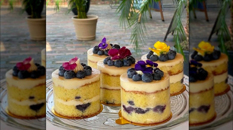 Five lemon blueberry baby cakes on serving platter