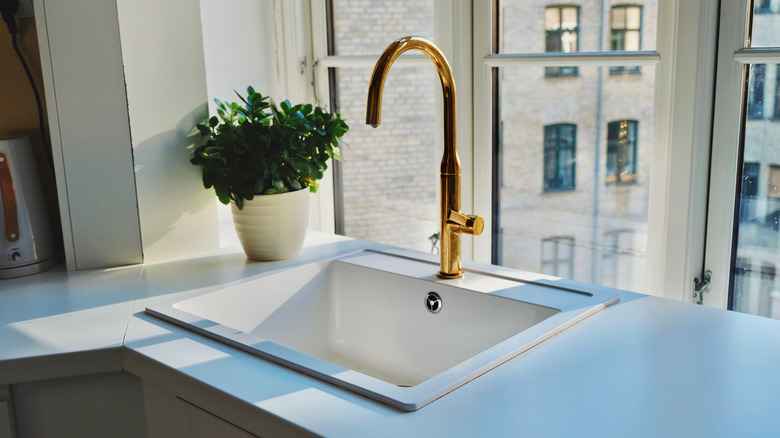 White kitchen sink with gold fixtures with a window behind it looking out at a cityscape