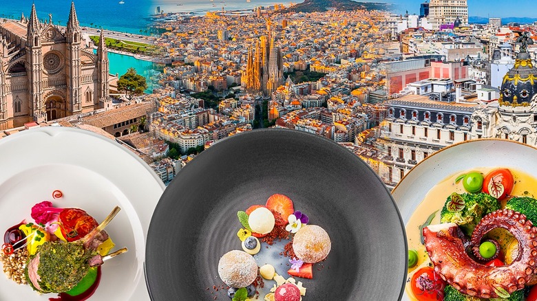 Composite of Spanish dishes against major cities in Spain