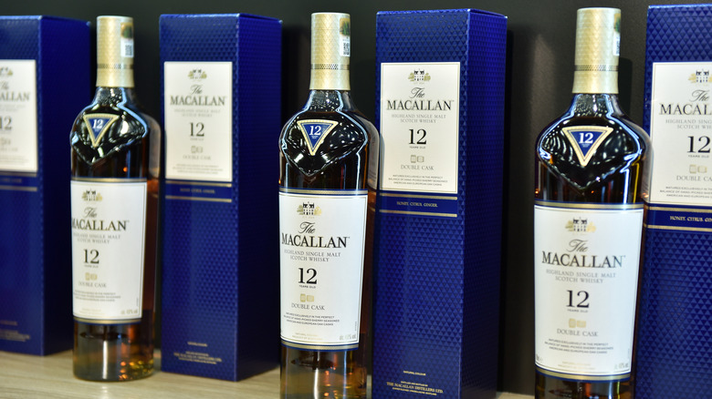 Multiple Macallan Double Cask 12 Years Old whisky bottles on a shelf