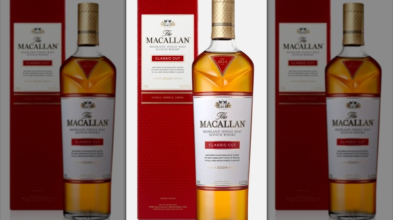 A bottle of The Macallan Classic Cut 2024 Edition whisky and its box against a white background