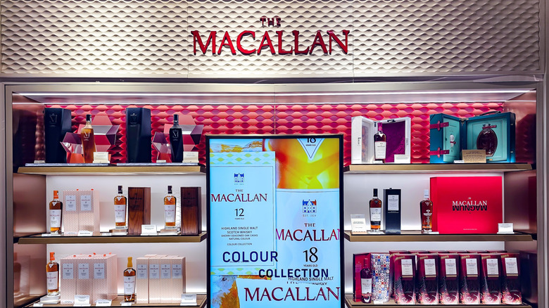 Multiple Macallan releases on a retail display shelf