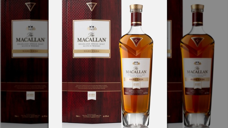 The Macallan Rare Cask whisky and its wood box against a white background