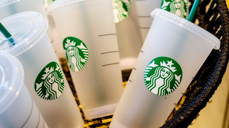 Bin of Starbucks reusable cups 