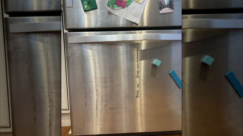 A stainless steel refrigerator door that is marred by long rust spots