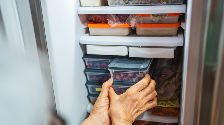 Closeup of person placing food in the freezer.