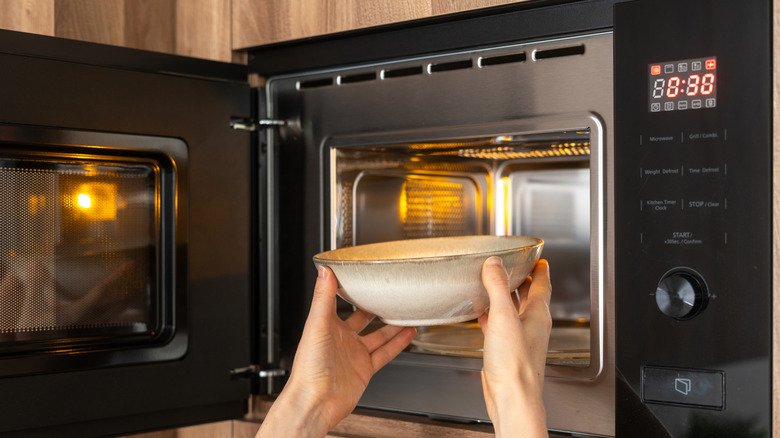 Pair of hands putting a bowl in the microwave