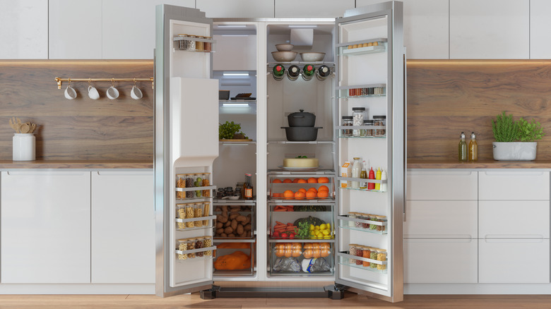 Open refrigerator with full shelves