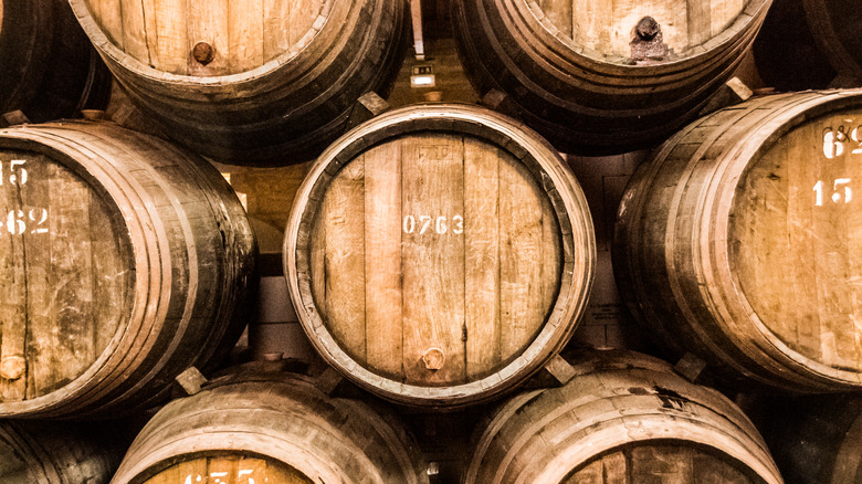 Close-up of whiskey barrels from an overhead view