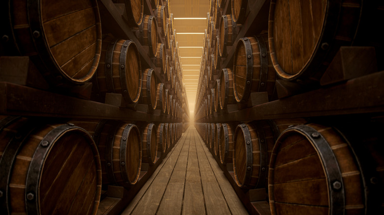 barrel aging room at a whiskey distillery