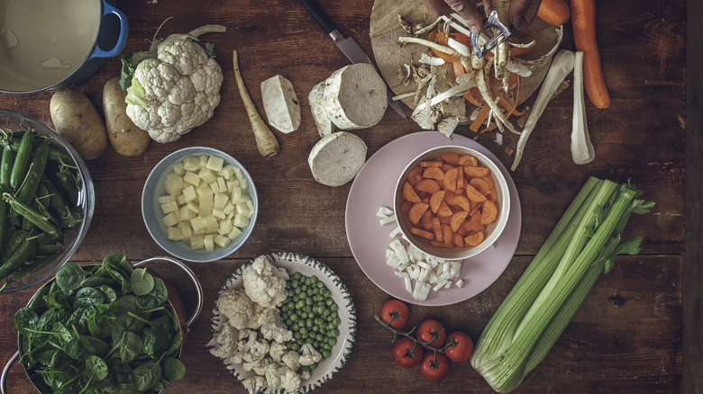 Preparing various ingredients for minestrone soup