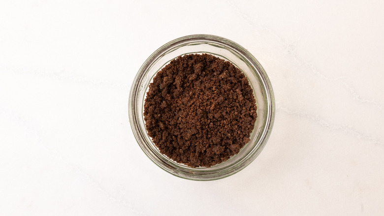 cookie crumbs in a glass bowl