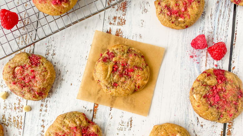 chocolate raspberry cookies on table 