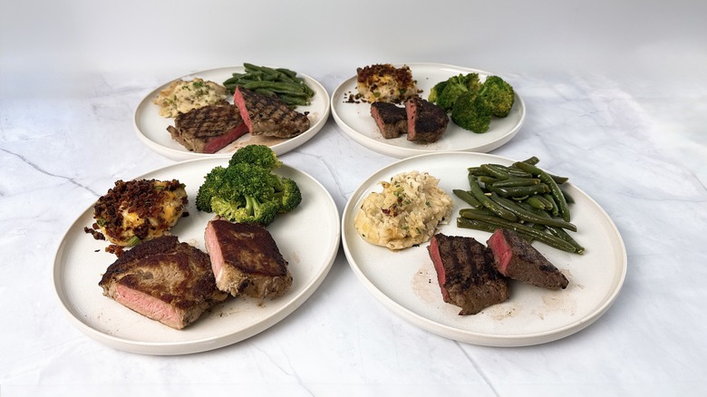 Steaks from Chili's and Applebee's with mashed potatoes and vegetables