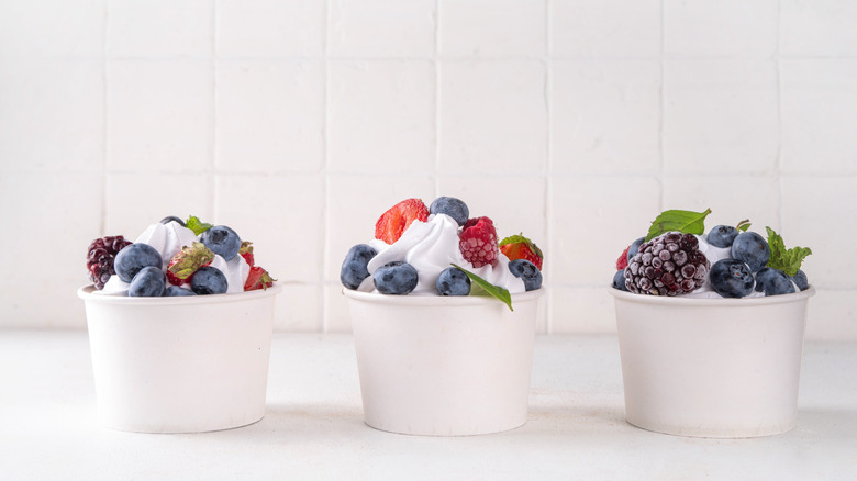 Frozen yogurt desserts with various berry toppings