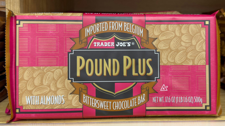 Trader Joe's Pound Plus bittersweet chocolate bar on shelf
