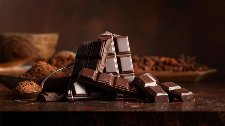 Broken chocolate bars in front of cocoa powder