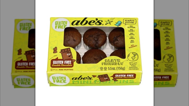 Neon yellow box of Abe's Double Chocolate Vegan Muffins