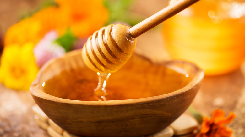 Honey dipper in bowl of honey