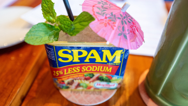 cocktail served in a can of Spam