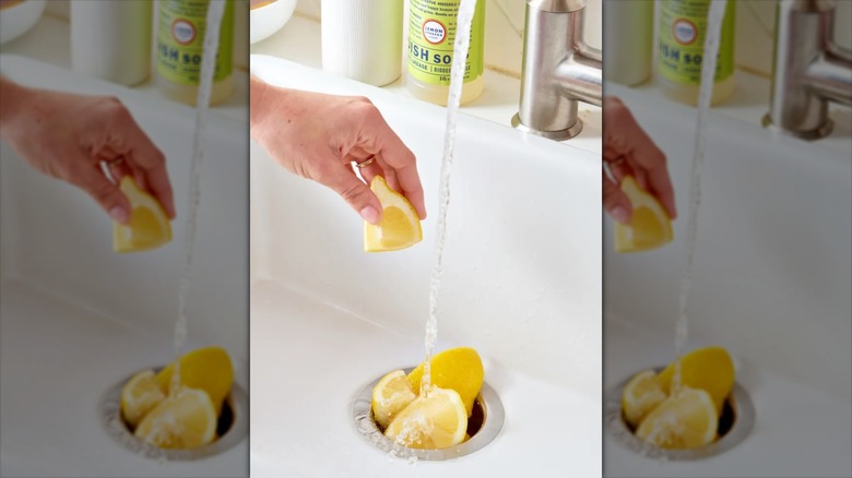 Someone pushing sliced lemons down a kitchen garbage disposal with the sink running