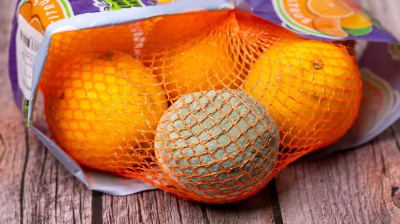 Bag of oranges with one moldy fruit